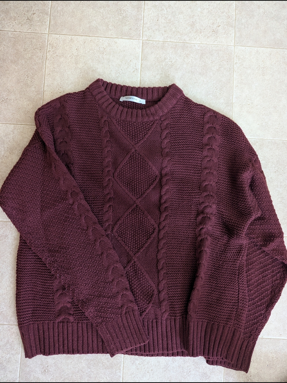 Textured Cable Crewneck Sweater in Deep Wine